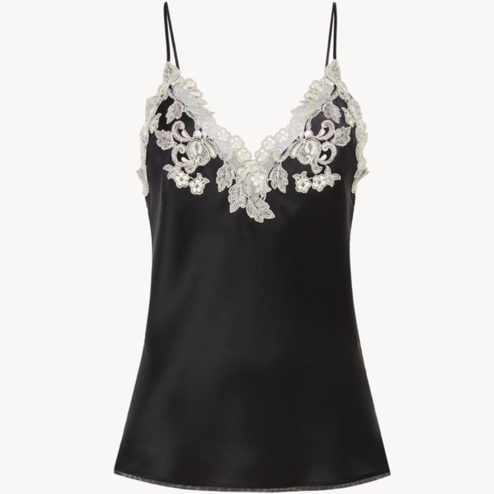 La Perla Maison Silk Top w/Hand Embroidered Lace, Black /Ivory, Sz L, New w/Tags